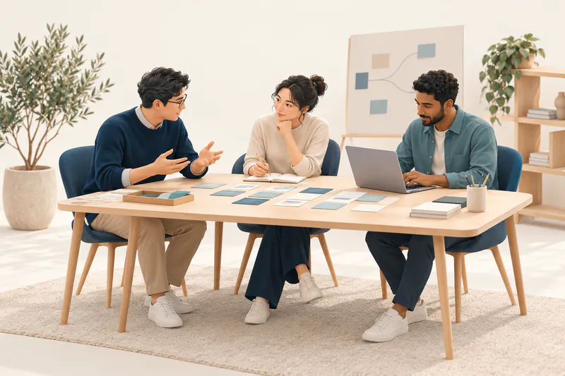 Illustration of colleagues discussing a workflow while another works at a laptop.