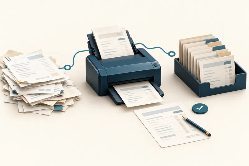 Conceptual illustration of paper documents becoming organised records, with a sheet set aside for review.
