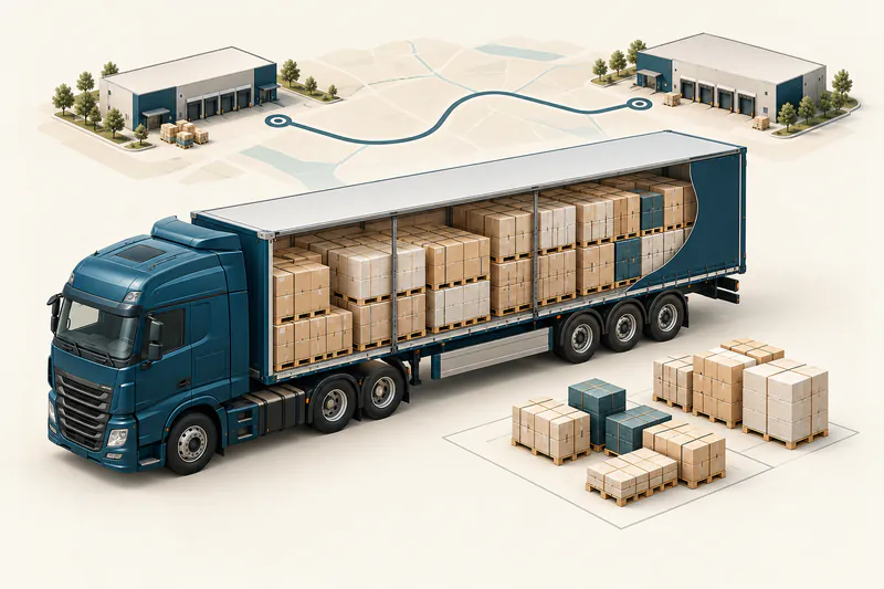 Conceptual illustration of palletised freight, a loaded truck and connected distribution locations.