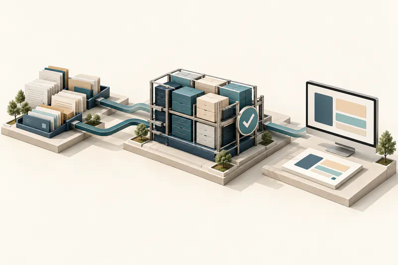 Conceptual illustration of source records connected to an organised, checked structure and a simple report display.
